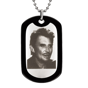 Collier acier chane boules plaque gi 52x32mm contour caoutchouc noir gravure portait johnny - longueur 50+10cm - Vue 1