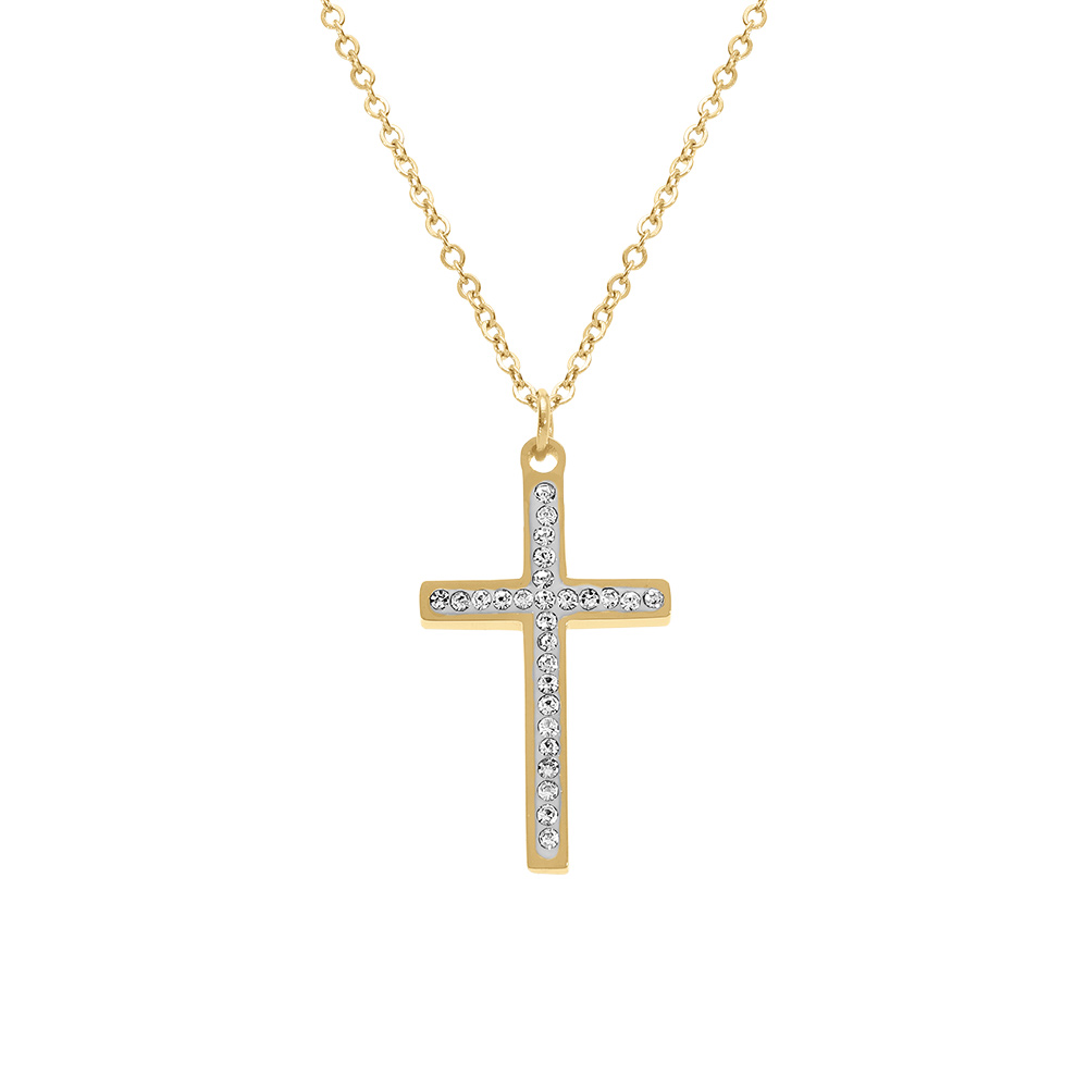 Collier acier dor� croix et strass r�glable 40 � 45cm - Vue 1