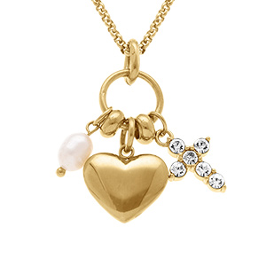 Collier acier dor� pendentif coeur, croix par�e d'oxydes blancs et goutte blanche  - 40+5cm
