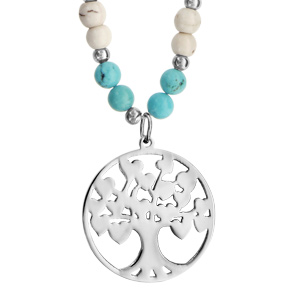 Collier acier et boules imitation blanches et bleues pendentif arbre de vie 45+10cm - Vue 1