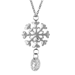 Collier acier pendentif flocon de neige pierre blanche pendante 45cm - Vue 1