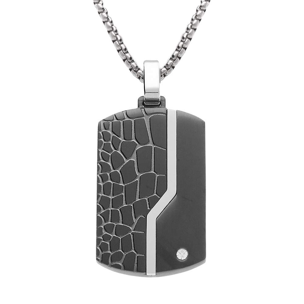 Collier acier pendentif rectangulaire PVD noir 30 x 18mm pans arrondi r�glable 50 � 55cm - Vue 1