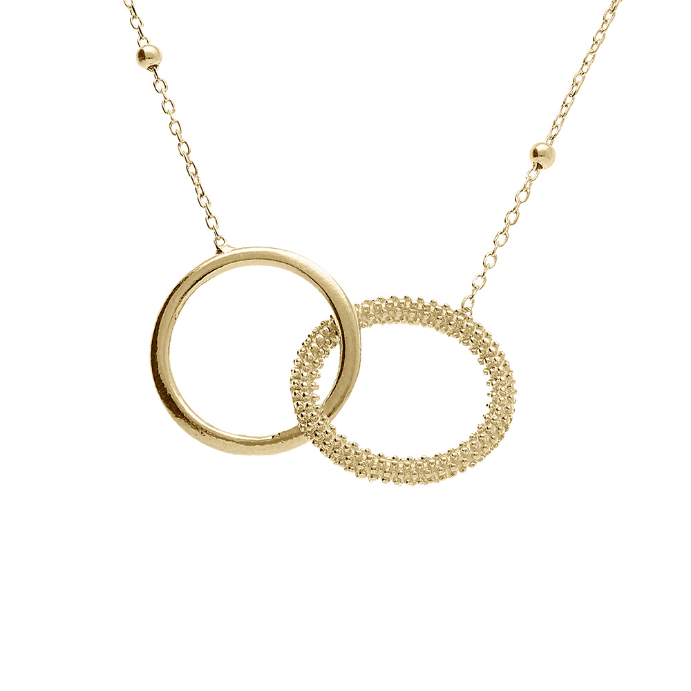 Collier argent dor� cha�ne boules 2 anneaux entrelac�s 1 lisse et 1 cercle perl� r�glable 42 � 45cm - Vue 1