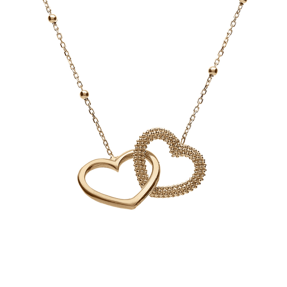 Collier argent dor� cha�ne boules 2 coeurs entrelac�s 1 lisse et 1 perl� r�glable 42 � 45cm - Vue 1