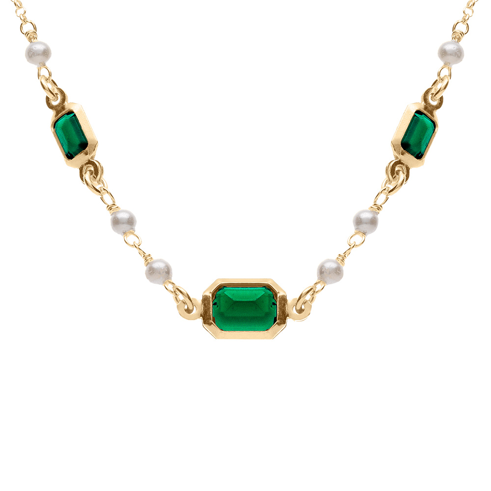 Collier argent dor� 3 oxydes verts rectangulaires et perles blanches r�glable 42 � 45cm - Vue 1