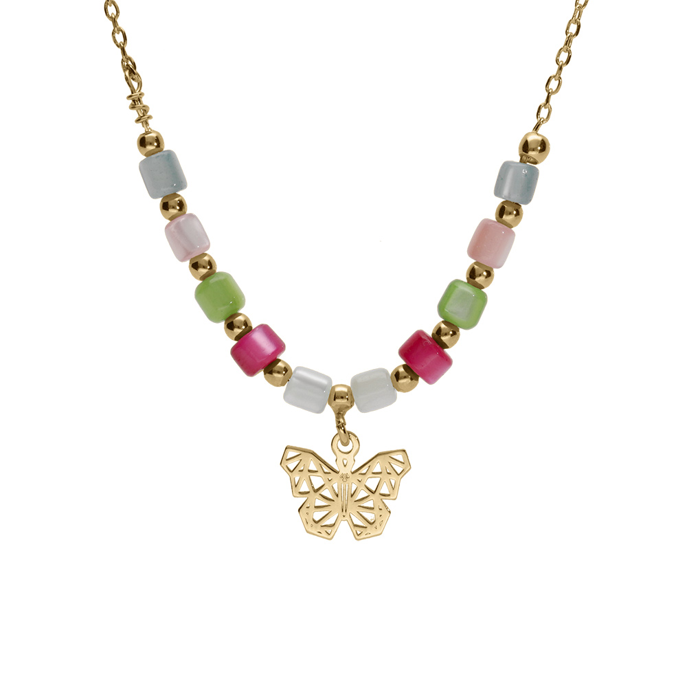 Collier argent dor� papillon et perles nacre v�ritable teint�e r�glable 40 � 45cm - Vue 1