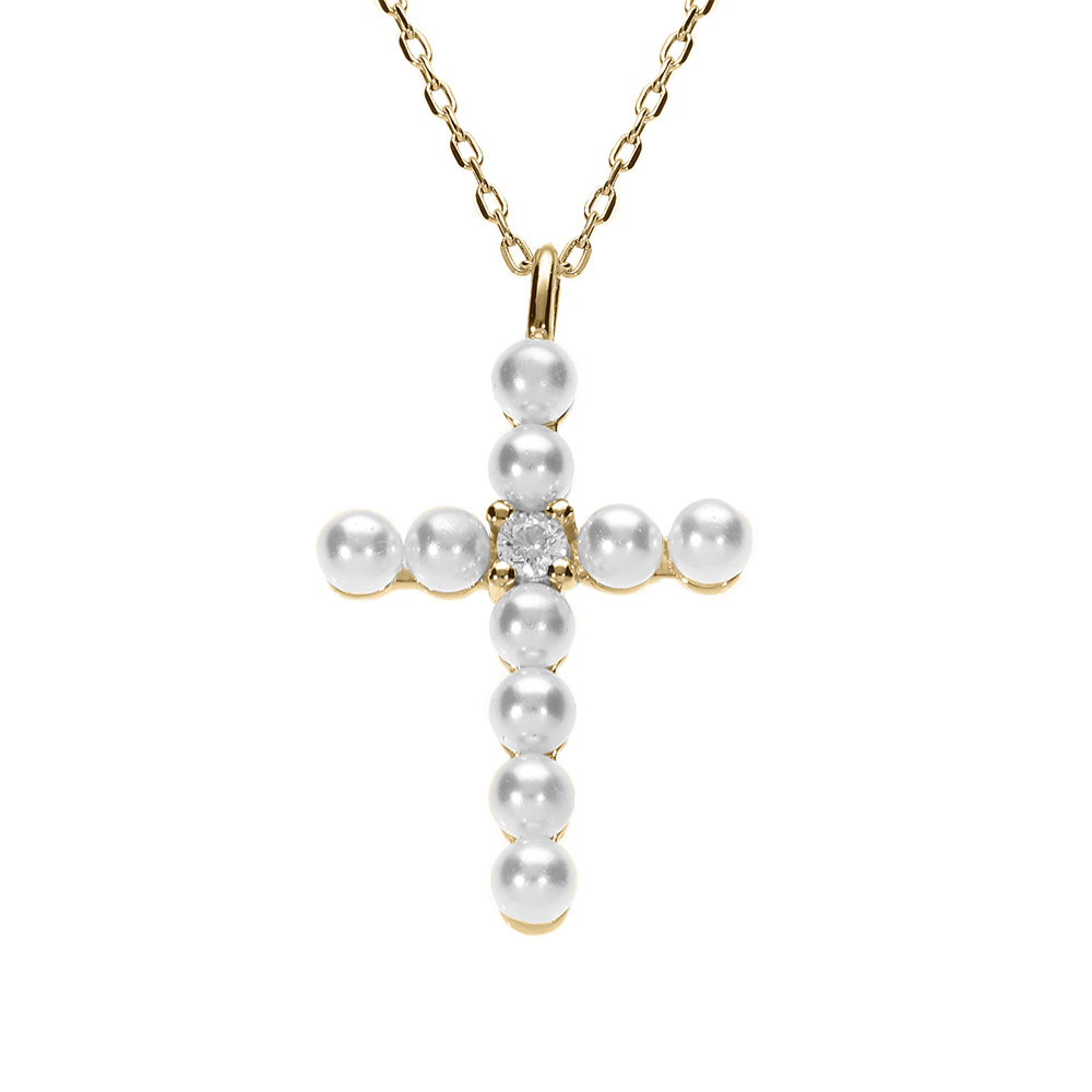 Collier argent dor� pendentif croix avec 1 oxyde blanc et perle blanche r�glable 42 � 45cm - Vue 1