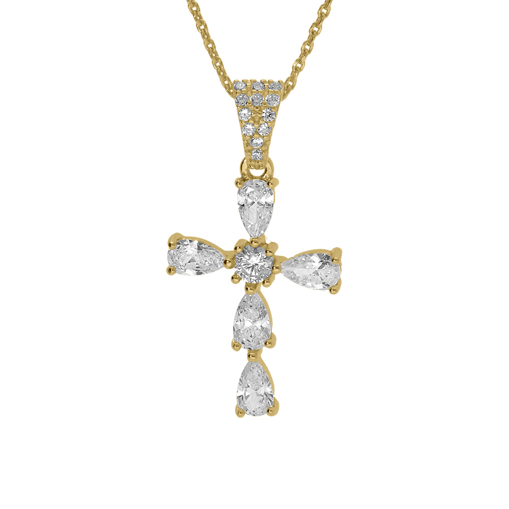 Collier argent dor� pendentif croix oxydes blancs r�glable 38 � 43cm - Vue 1