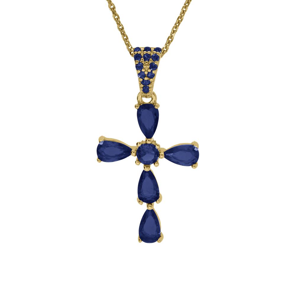 Collier argent dor� pendentif croix oxydes bleu fonc� r�glable 38 � 43cm - Vue 1