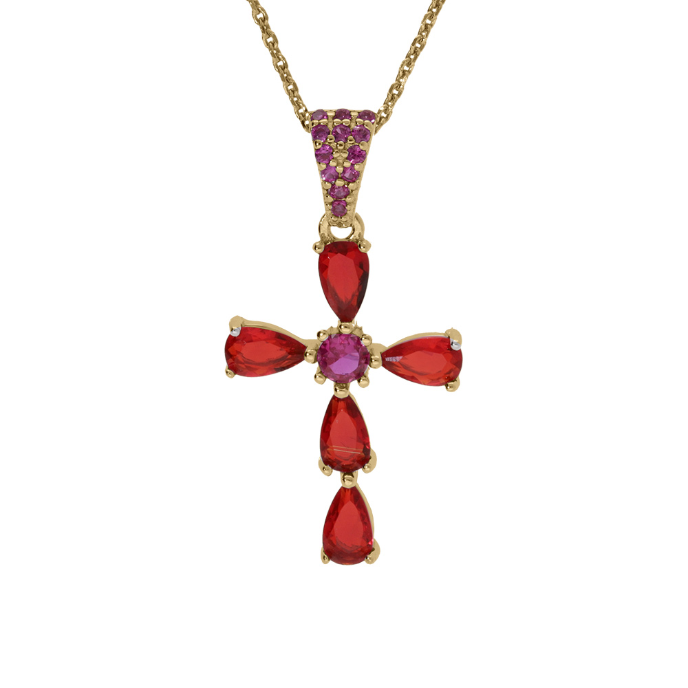Collier argent dor� pendentif croix oxydes rouges r�glable 38 � 43cm - Vue 1