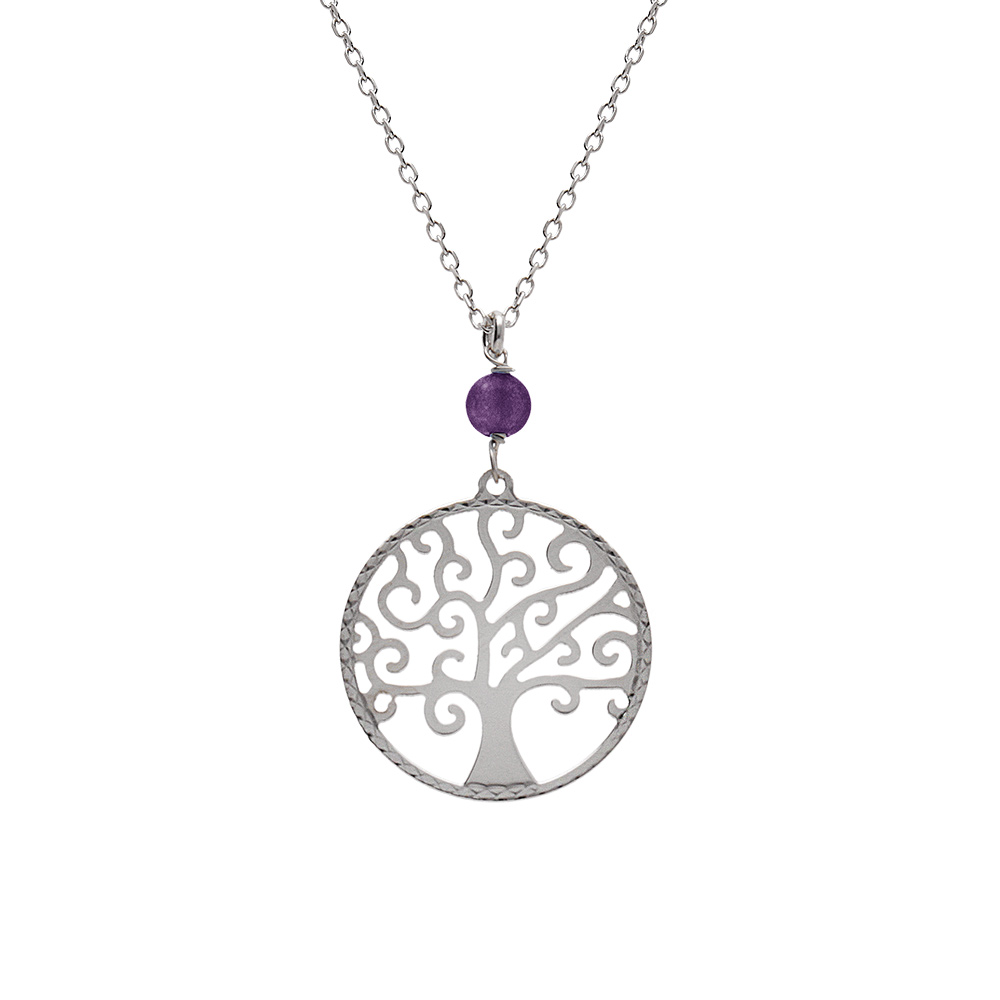 Collier argent rhodi� arbre de vie 20mm et boule jade violette v�ritable r�glable 40 � 44cm - Vue 1