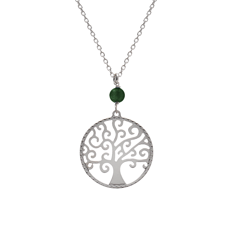 Collier argent rhodi� arbre de vie 20mm et boule malachite v�ritable r�glable 40 � 44cm - Vue 1