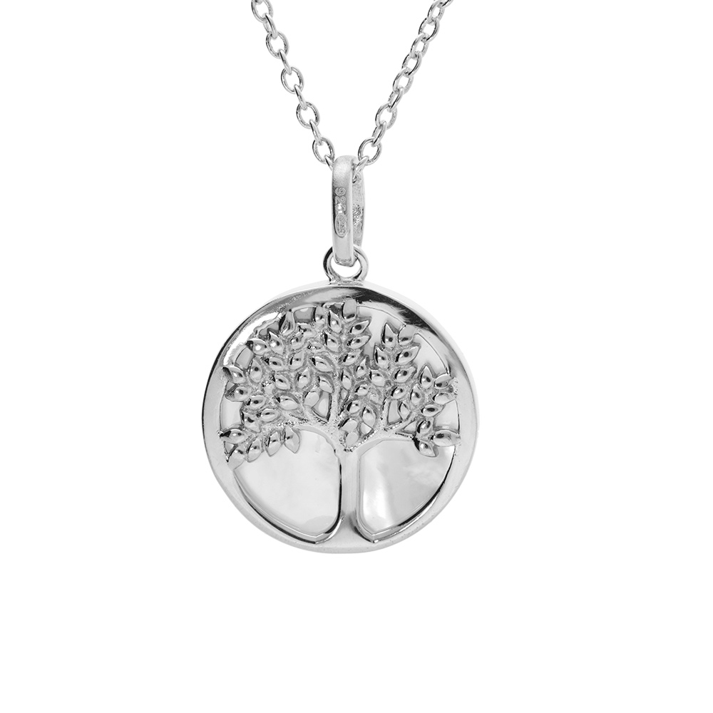 Collier argent rhodi� arbre de vie avec nacre blanche 42+3cm - Vue 1