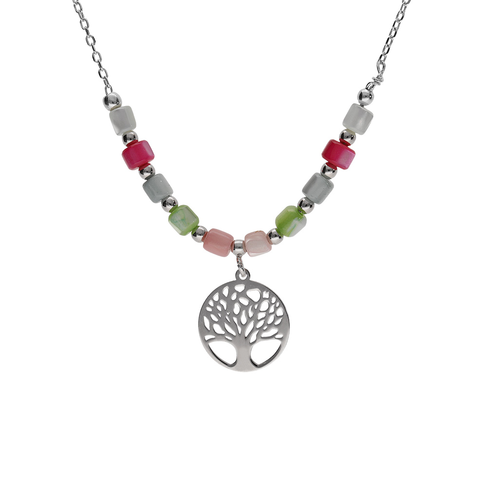 Collier argent rhodi� arbre de vie et perles nacre v�ritable teint�e r�glable 40 � 45cm - Vue 1