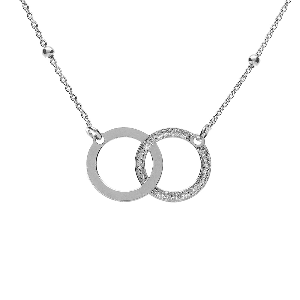 Collier argent rhodi� 2 cercles entrelac�s lisse et givr� r�glable 42 � 45cm - Vue 1