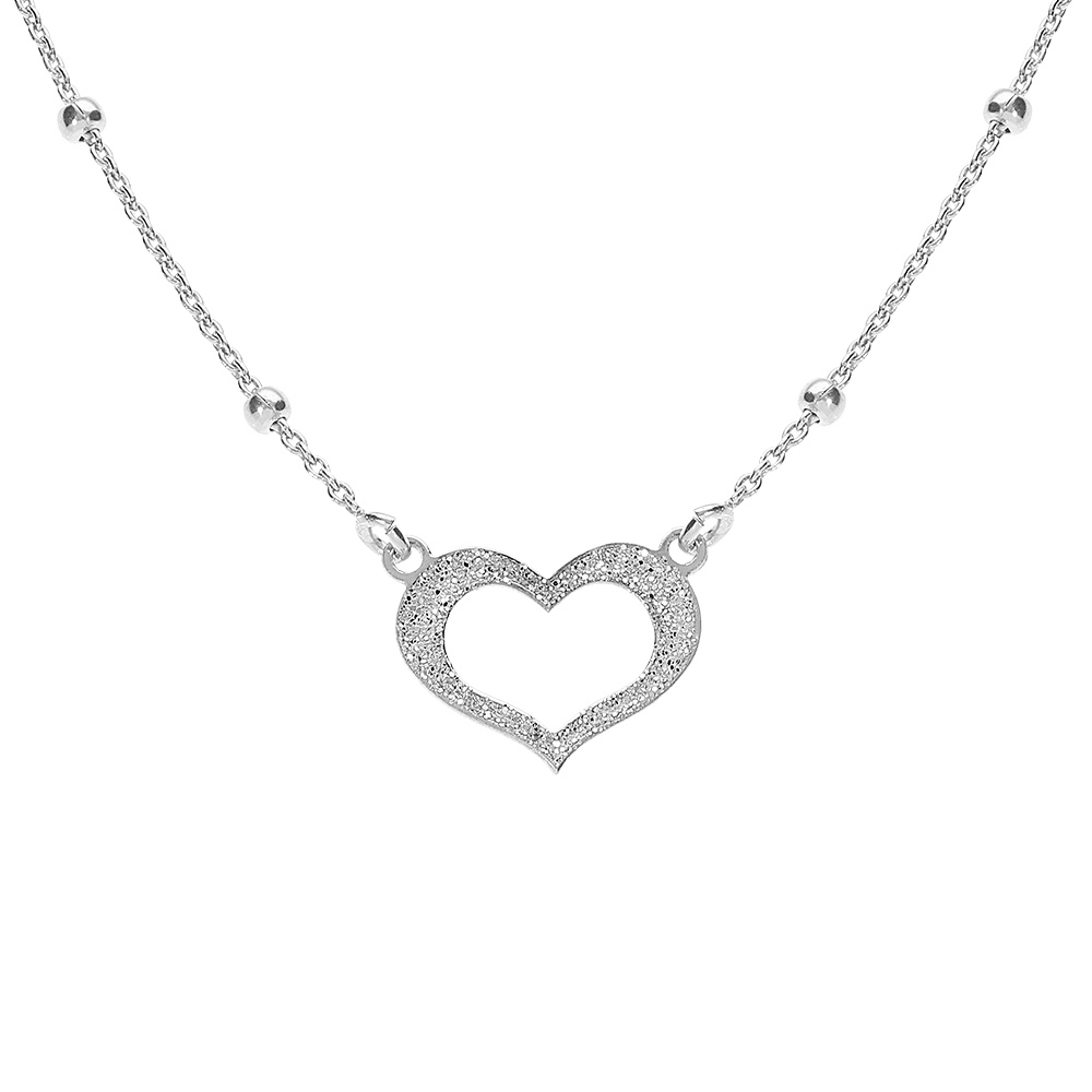 Collier argent rhodi� cha�ne boules avec coeur givr� r�glable 42 � 45cm - Vue 1