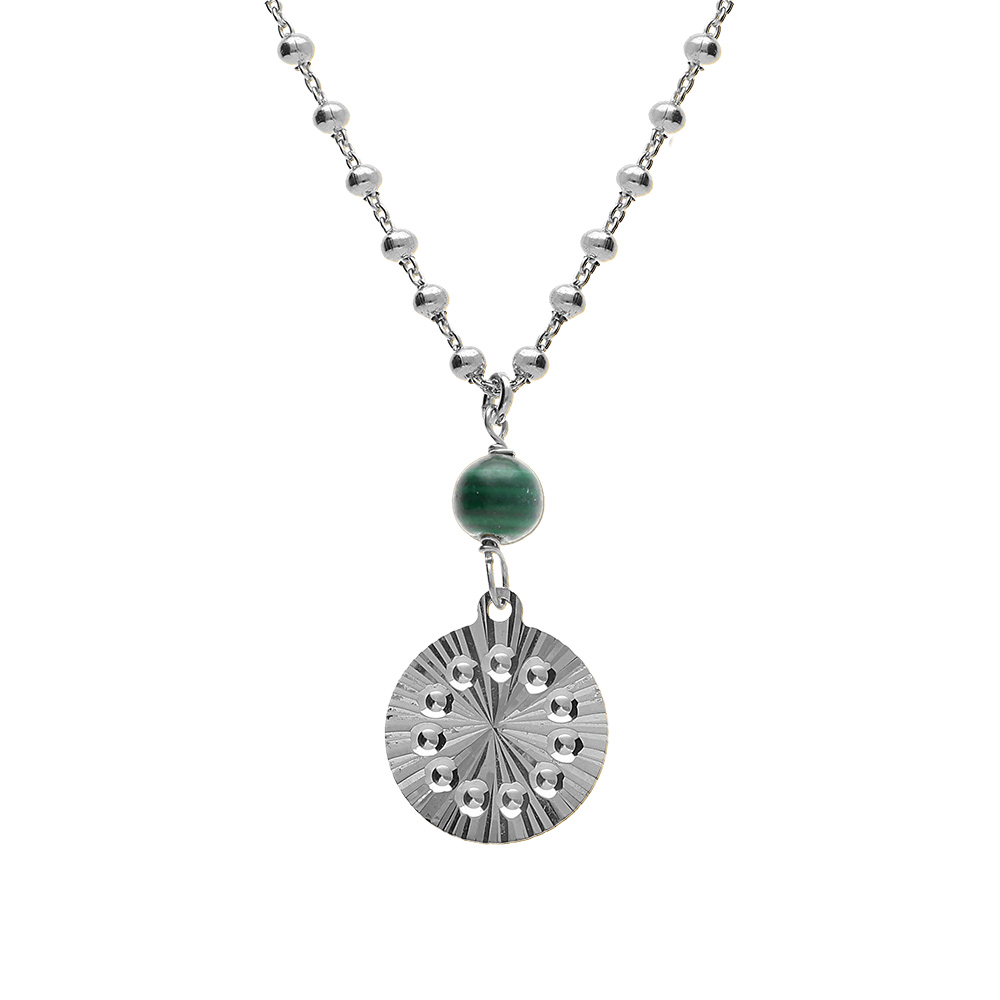 Collier argent rhodi� cha�ne boules pendentif cercle diamant� avec 1 boule malachite v�ritable r�glable 40 � 45cm - Vue 1