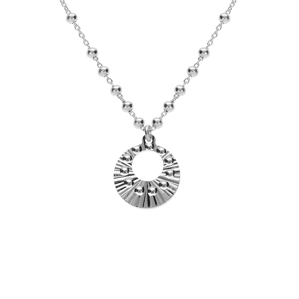 Collier argent rhodi� cha�ne boules pendentif cercle martel� r�glable 40 � 45cm - Vue 1