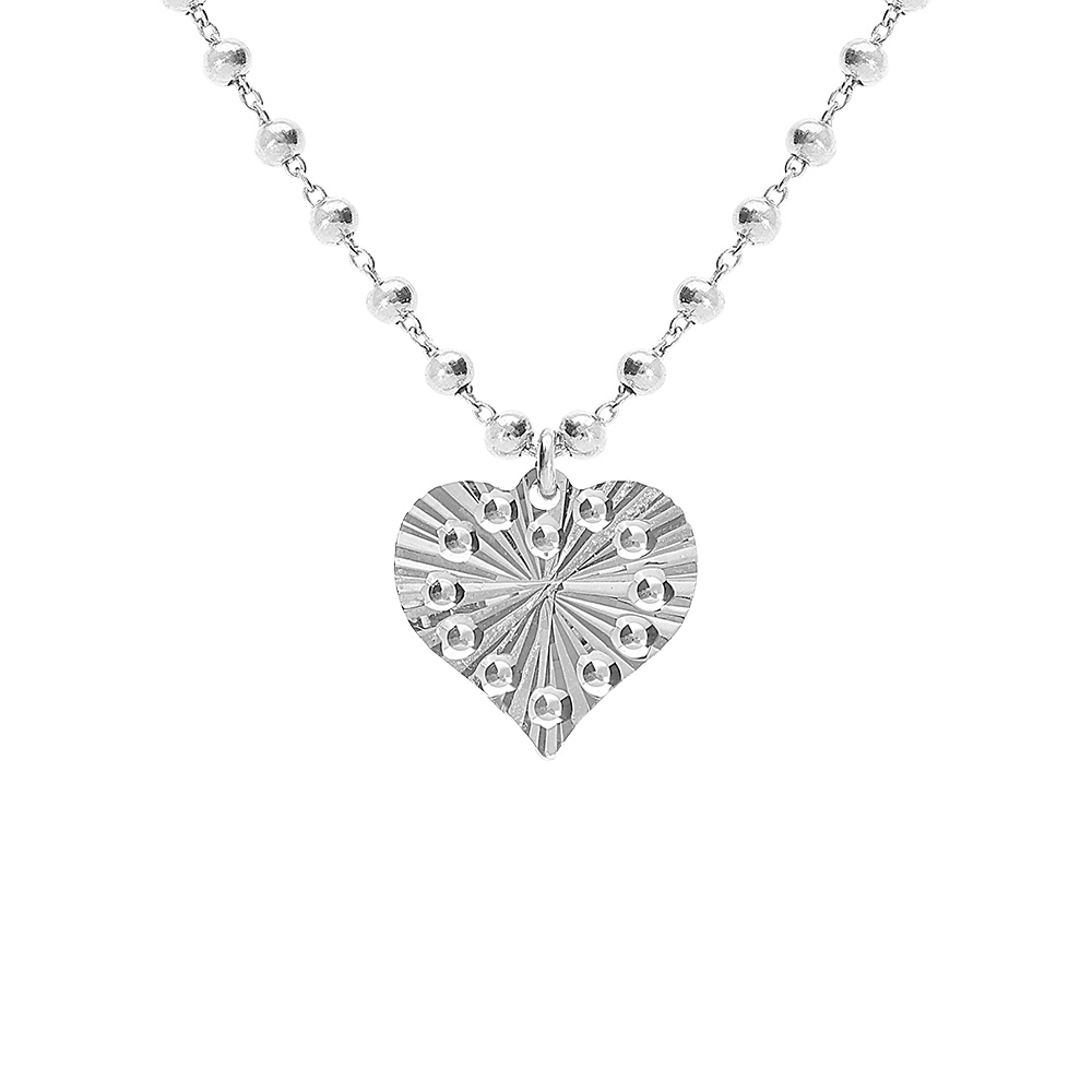 Collier argent rhodi� cha�ne boules pendentif coeur martel� r�glable 40 � 45cm - Vue 1
