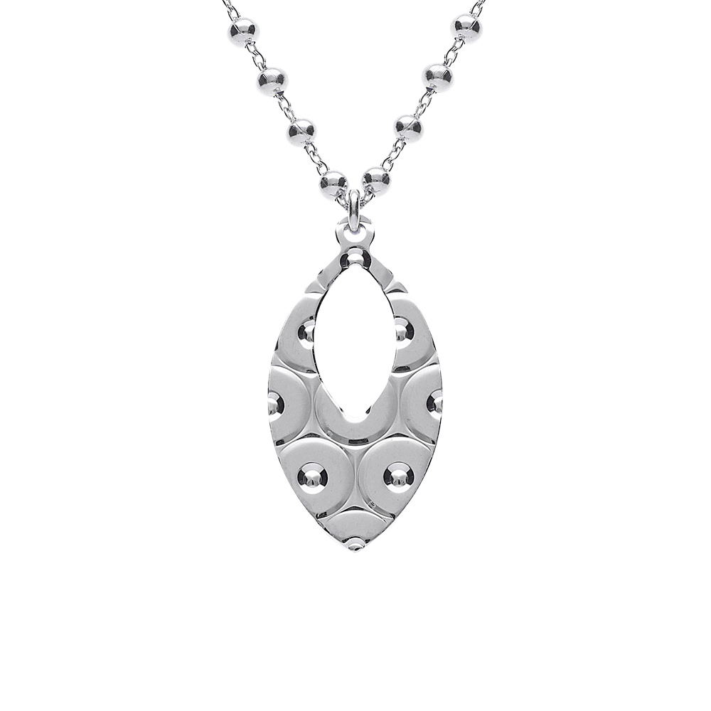 Collier argent rhodi� cha�ne boules pendentif ovale martel� r�glable 40 � 45cm - Vue 1