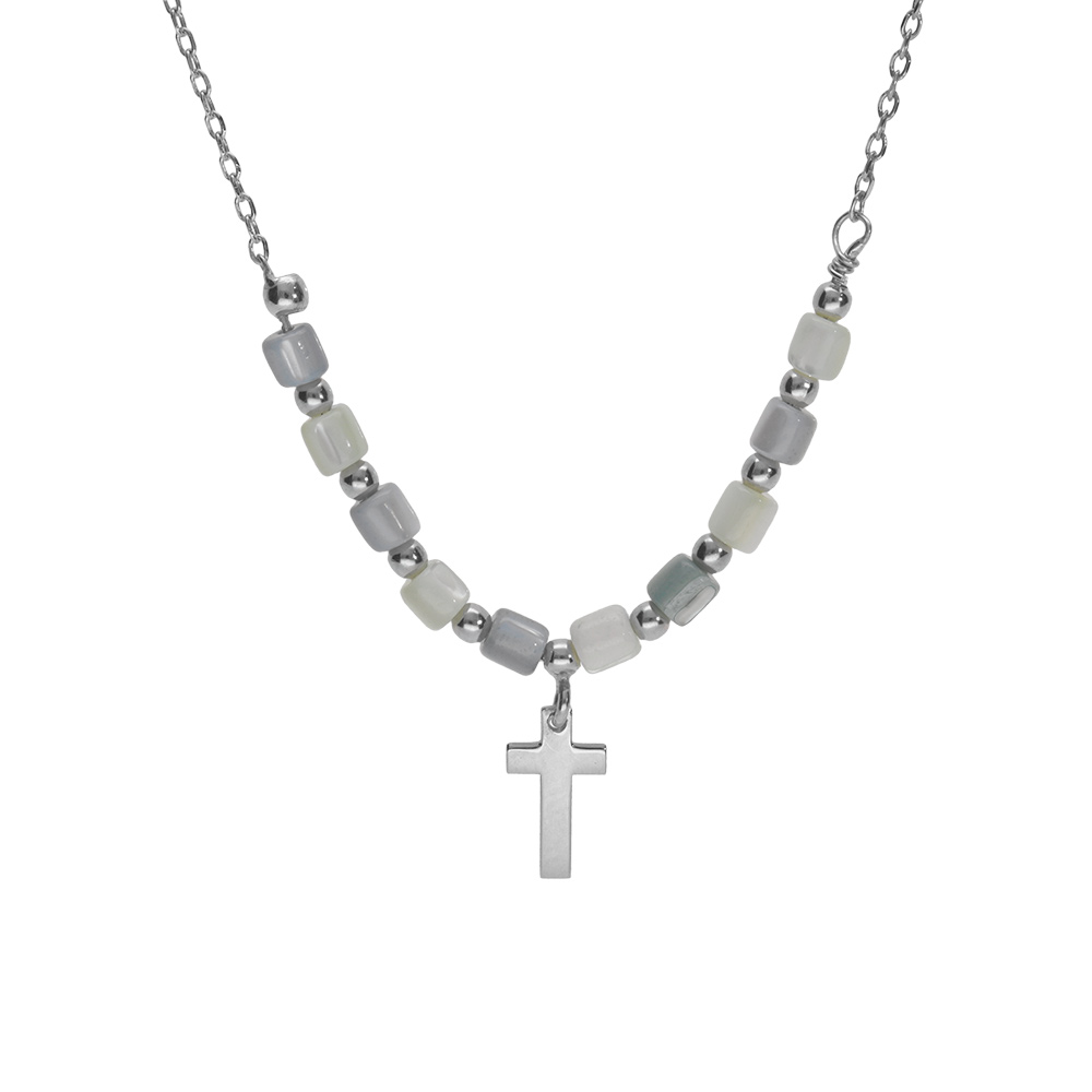 Collier argent rhodi� croix avec perles nacre v�ritable blanche et teint�e bleu r�glable 40 � 45cm - Vue 1
