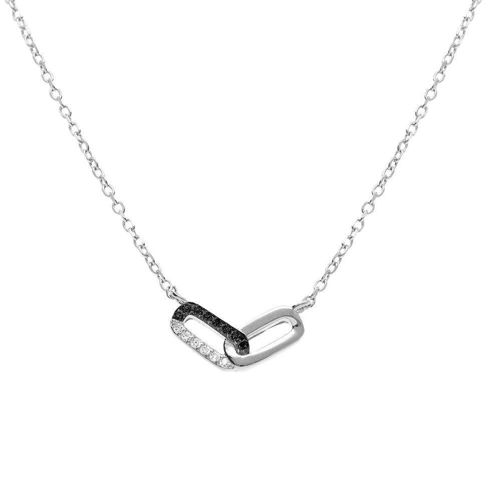 Collier argent rhodi� deux rectangles entrelac�s un  lisse et un  avec oxydes blancs et noirs sertis - 39+4cm - Vue 1