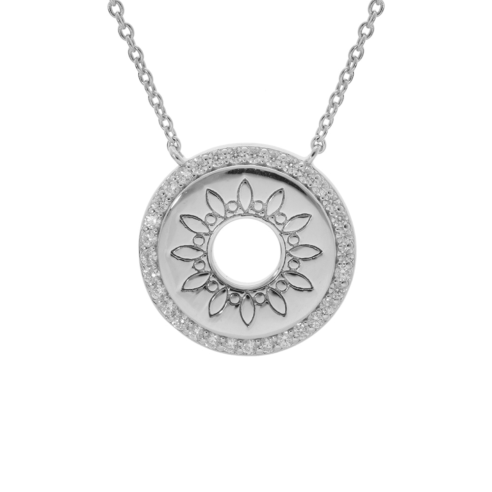 Collier argent rhodi� disque motif soleil �vid� entourage d\'oxydes blancs 42+3cm - Vue 1