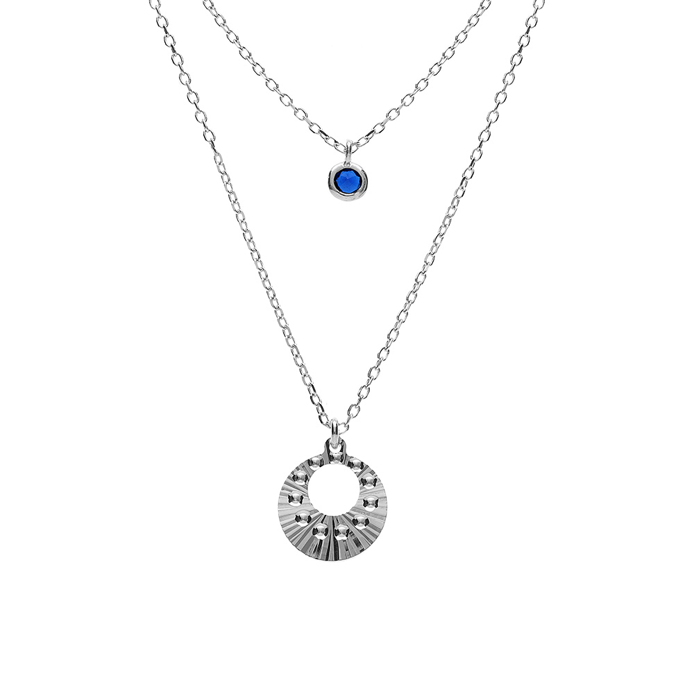 Collier argent rhodi� double cha�ne pendentif diamant� et 1 oxyde bleu r�glable 40 � 45cm - Vue 1