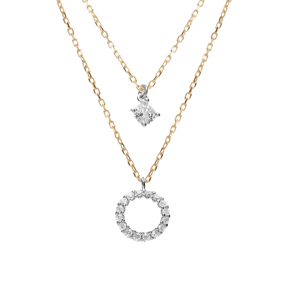 Collier argent rhodi� et dor� jaune cercle contour oxydes blancs r�glable 40 � 44cm - Vue 1