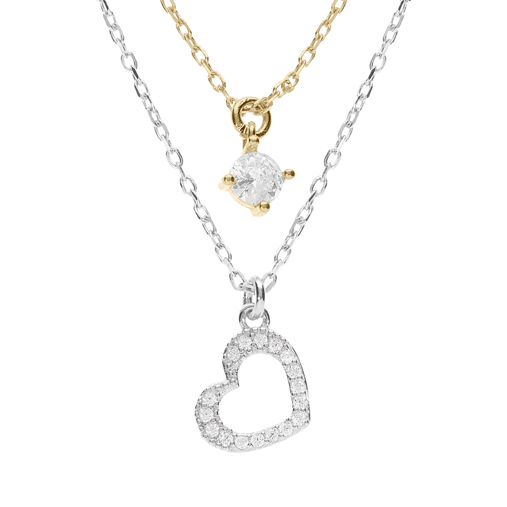 Collier argent rhodi� et dor� jaune coeur contour oxydes blancs r�glable 40 � 44cm - Vue 1