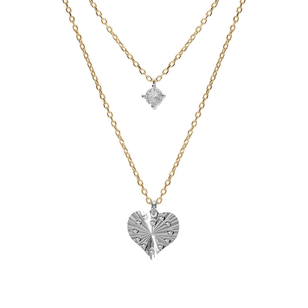 Collier argent rhodi� et dor� jaune coeur diamant� avec 1 oxyde blanc r�glable 40 � 44cm - Vue 1
