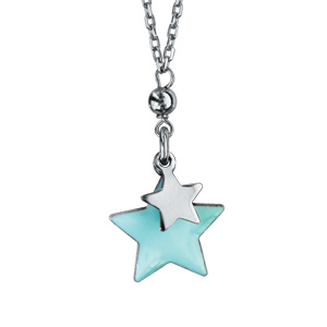 Collier argent rhodié 2 etoiles avec résine bleu ciel - longueur 40+5cm - Vue 1