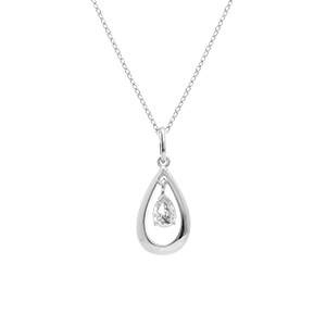 Collier argent rhodi� goutte ovale 15mm avec oxyde blanc - 42+3cm
