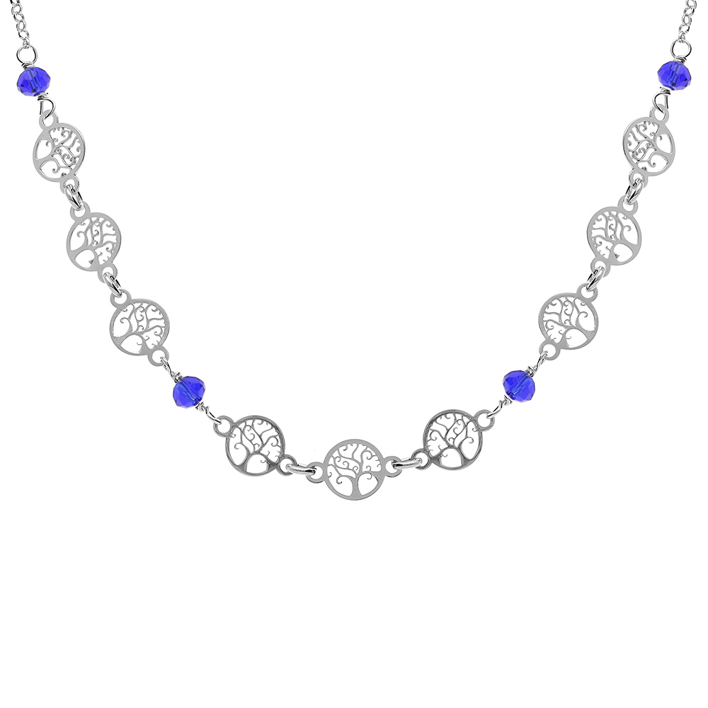 Collier argent rhodi� motifs arbre de vie et perles bleues r�glable 42 � 45cm - Vue 1