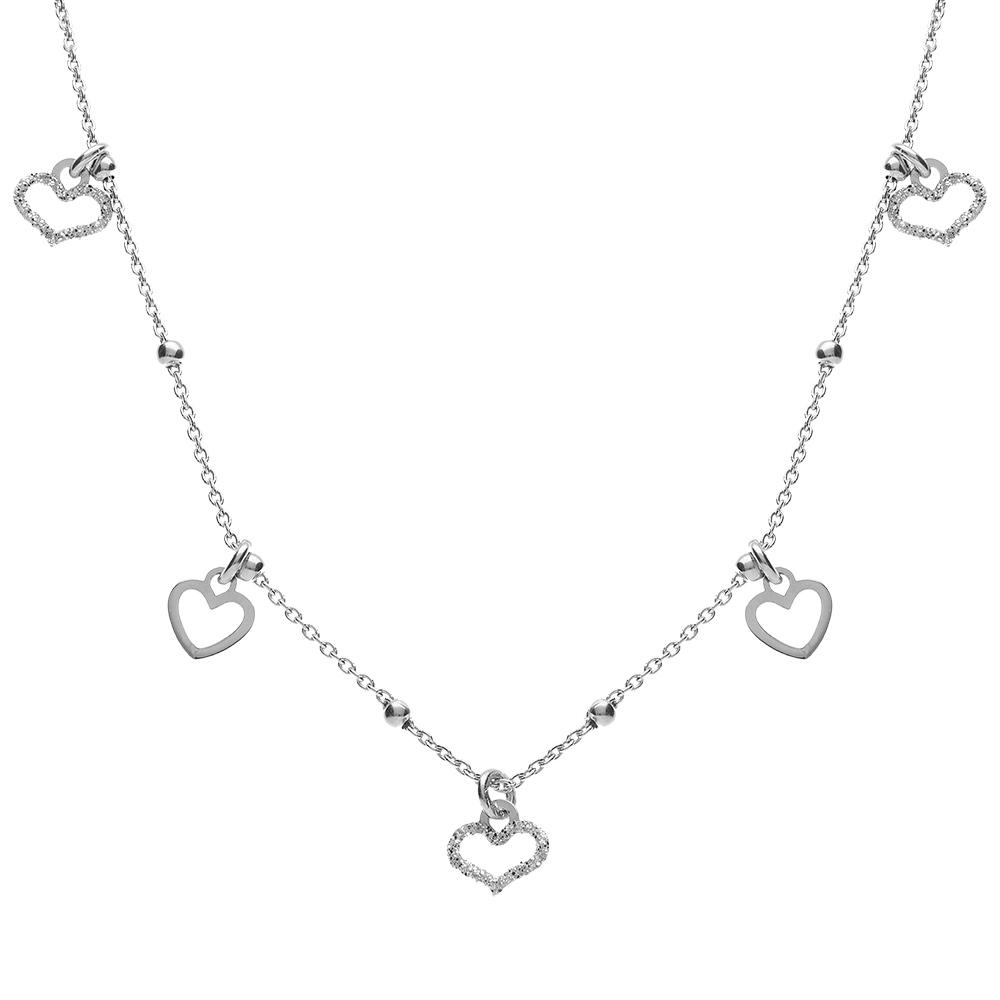 Collier argent rhodi� pampilles coeurs lisses et givr�s r�glable 42 � 45cm - Vue 1