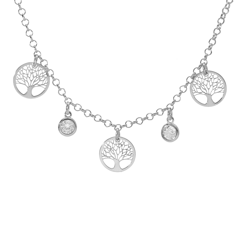 Collier argent rhodi� 3 pampilles rondelles arbre de vie et 2 oxydes blancs sertis clos 40 + 5 cm - Vue 1