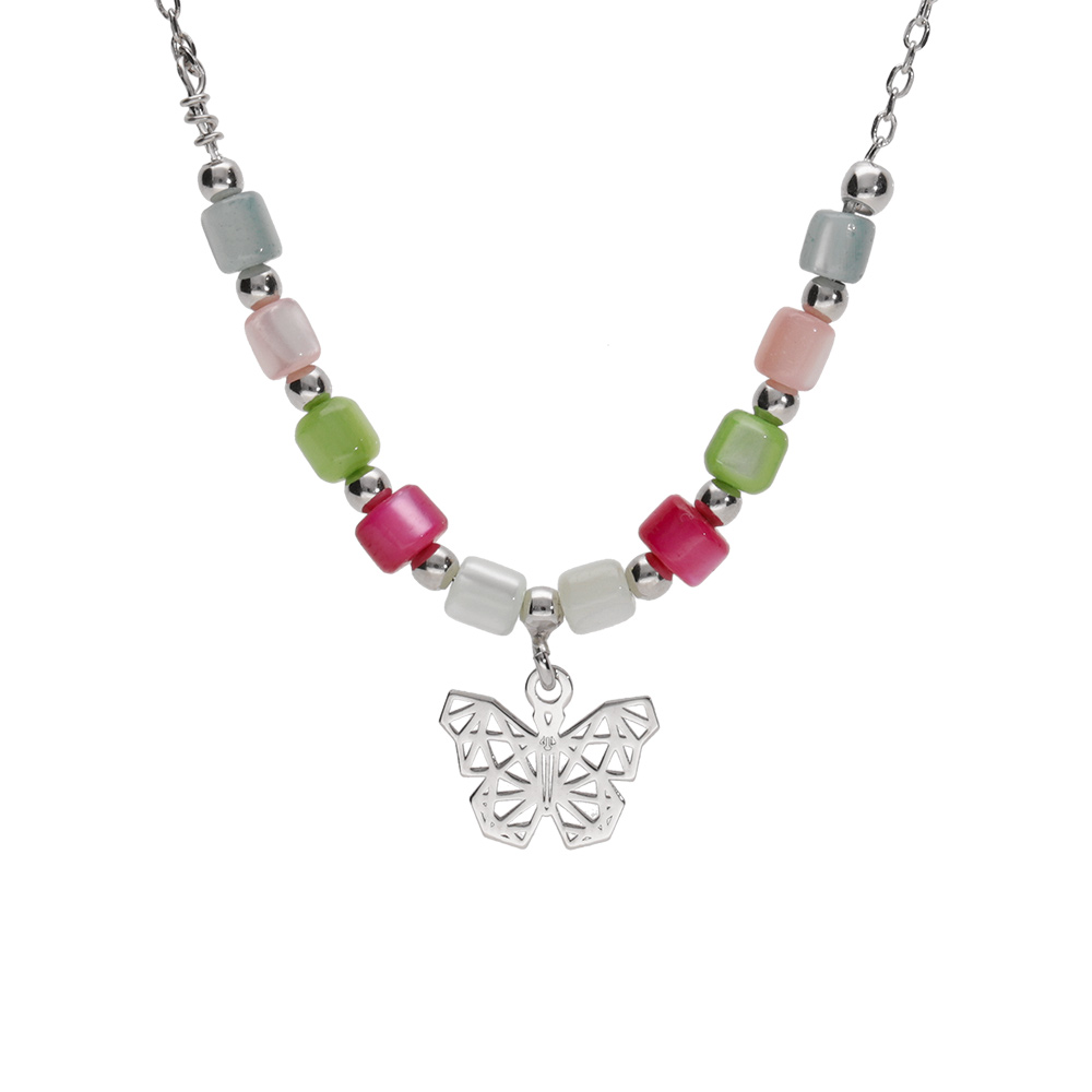 Collier argent rhodi� papillon et perles nacre v�ritable teint�e r�glable 40 � 45cm - Vue 1