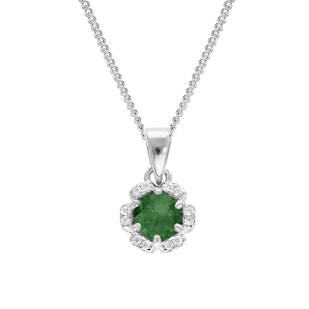 Collier argent rhodi� pendentif 5mm fleur oxydes vert fonc� et blancs sertis 42+3cm - Vue 1