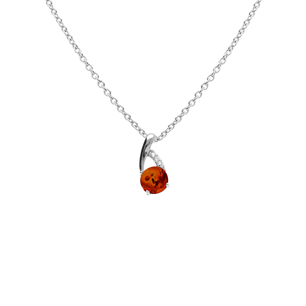 Collier argent rhodi� pendentif ambre v�ritable et oxydes blancs - 42+3cm - Vue 1