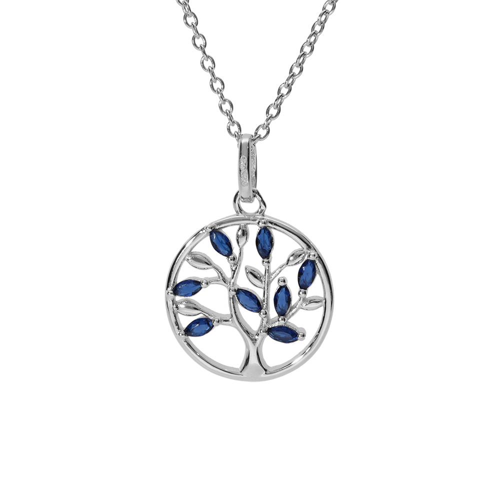 Collier argent rhodi� pendentif cercle arbre de vie oxydes bleu 40+4cm - Vue 1