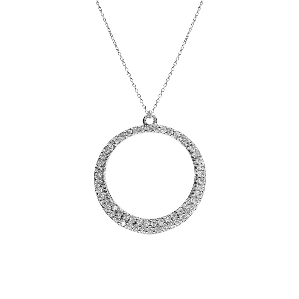 Collier argent rhodi� pendentif cercle �vid� oxydes blancs r�glable 40 � 44cm - Vue 1