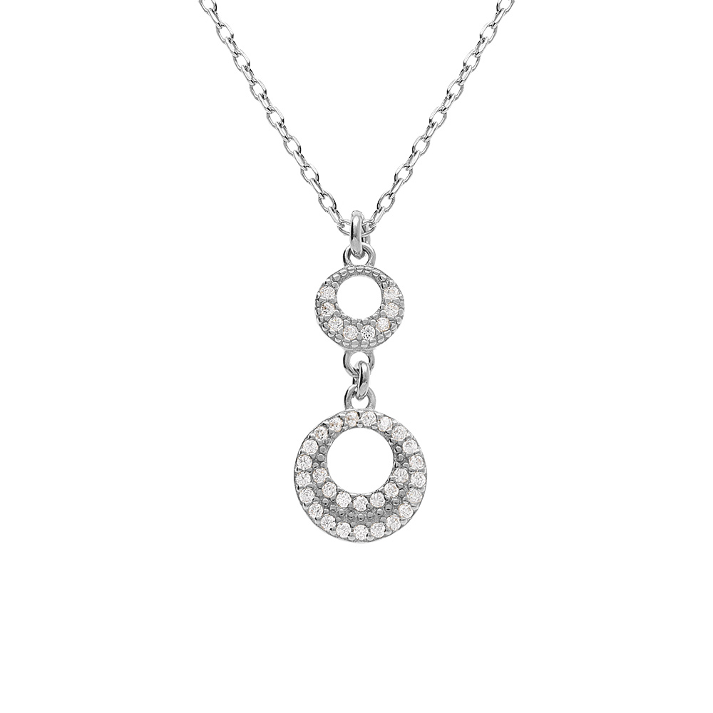 Collier argent rhodi� pendentif 2 cercles �vid� oxydes blancs r�glable 40 � 44cm - Vue 1