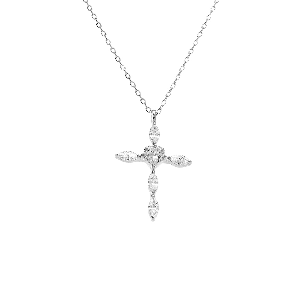 Collier argent rhodi� pendentif croix 20 x 13mm oxydes blancs sertis -  38+5cm - Vue 1