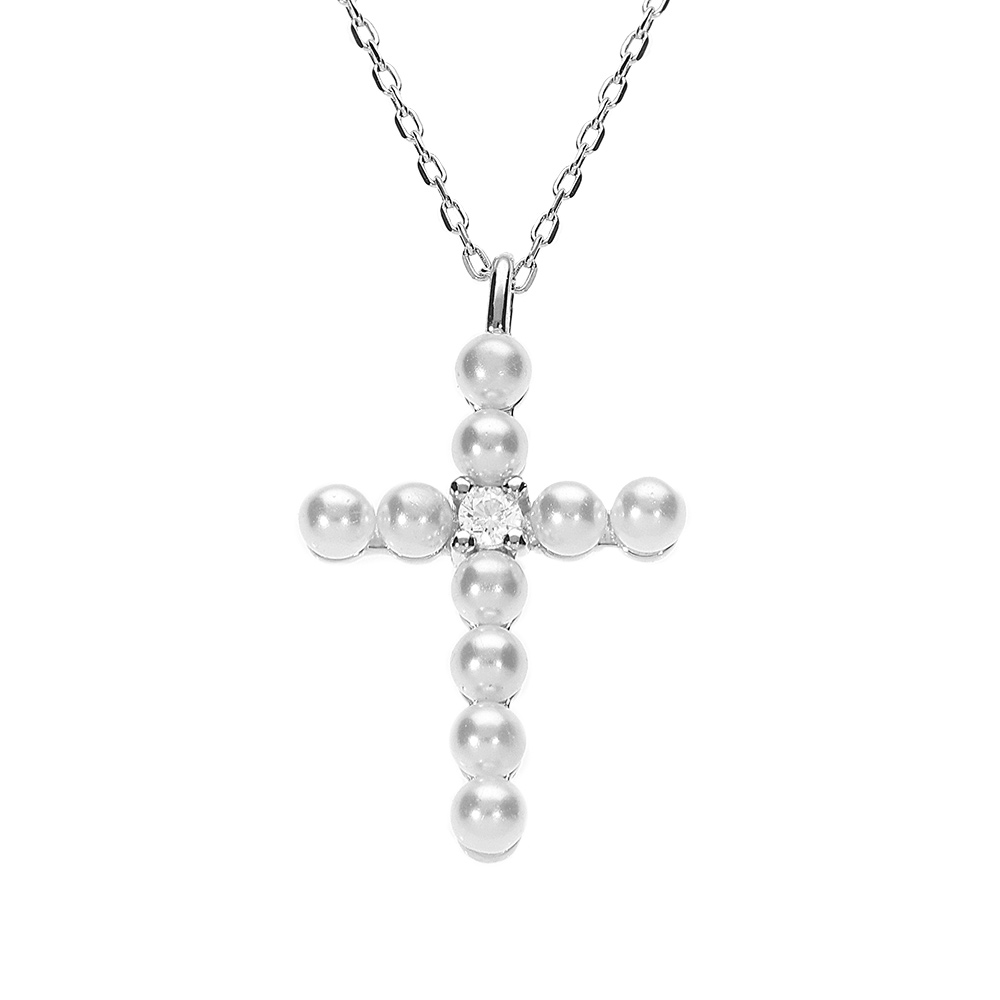 Collier argent rhodi� pendentif croix avec 1 oxyde blanc et perle blanche r�glable 42 � 45cm - Vue 1