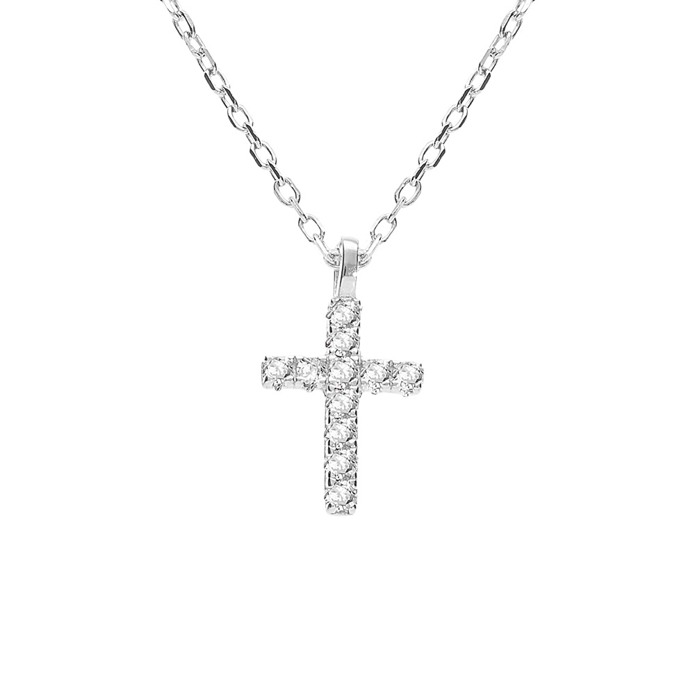 Collier argent rhodi� pendentif croix oxydes blancs r�glable 42 � 45cm - Vue 1
