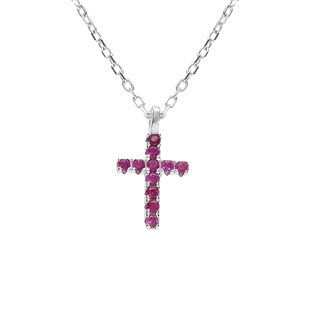 Collier argent rhodi� pendentif croix oxydes fushia r�glable 42 � 45cm - Vue 1