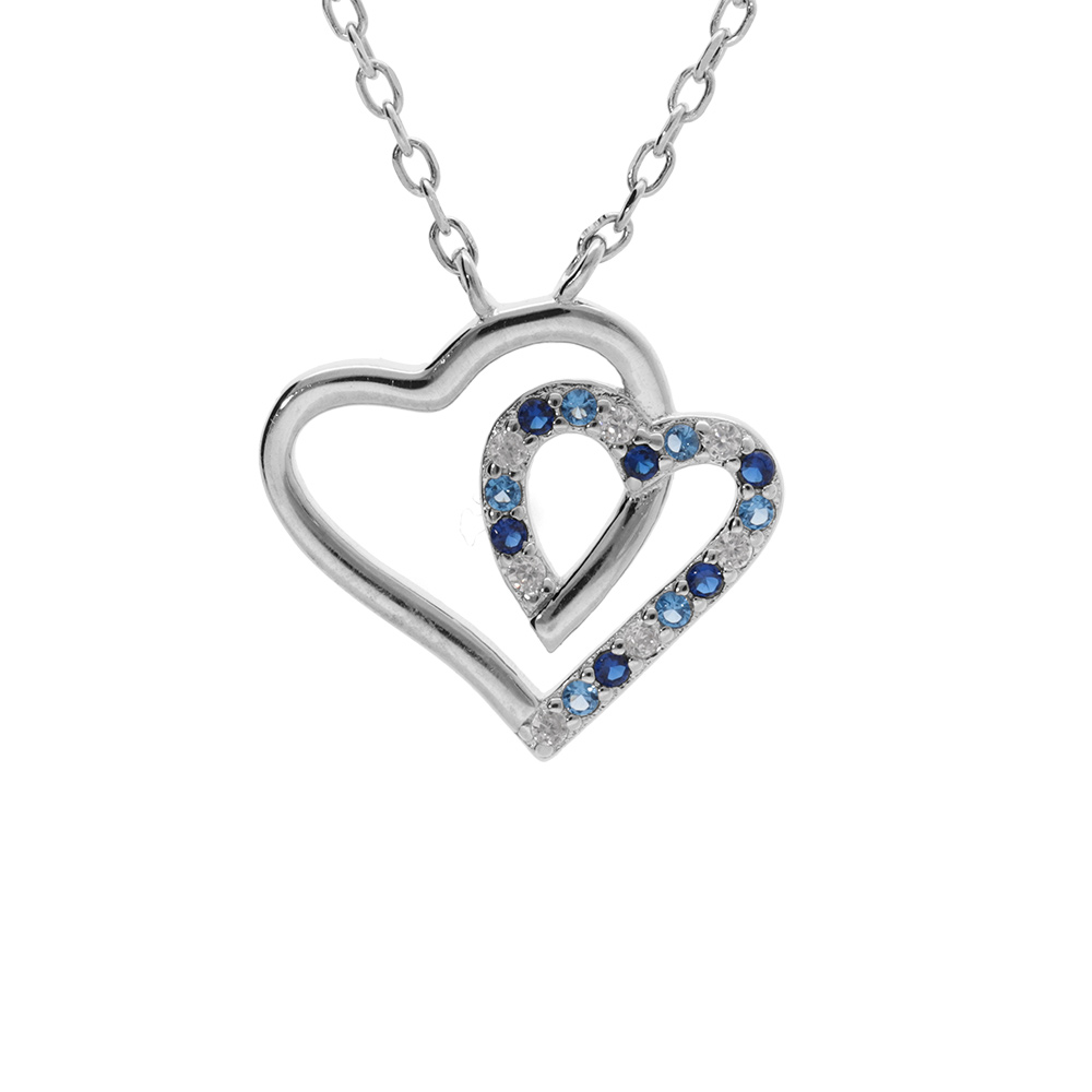 Collier argent rhodi� pendentif double coeur contour oxydes bleus et blancs 42+3cm - Vue 1