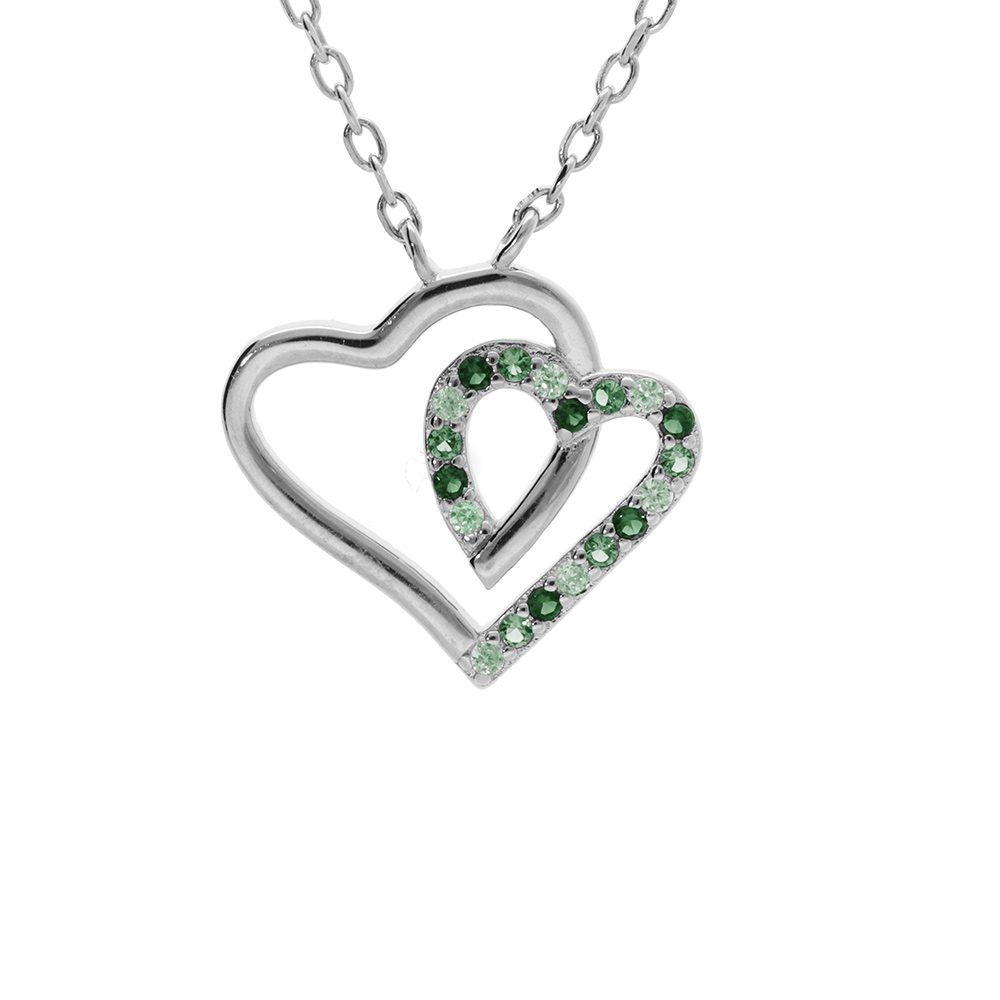 Collier argent rhodi� pendentif double coeur contour oxydes verts et blancs 42+3cm - Vue 1