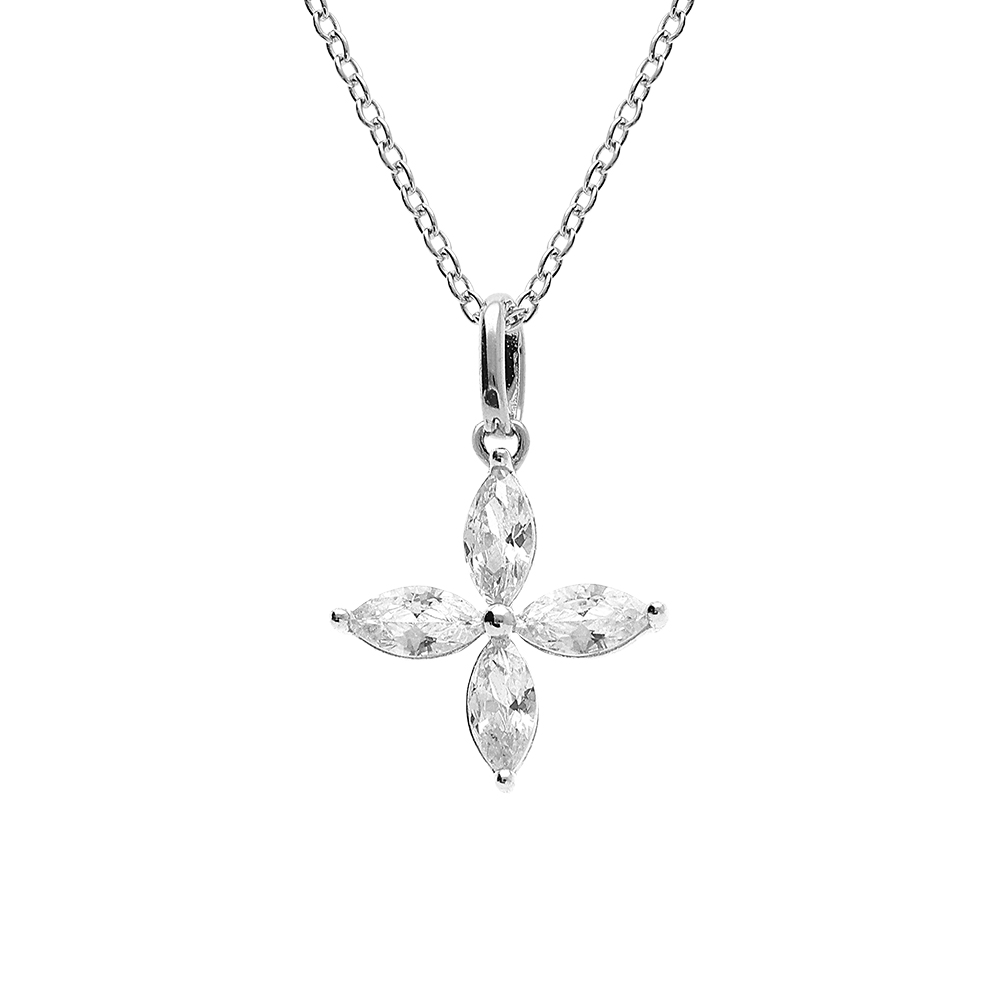 Collier argent rhodi pendentif fleur oxyde blanc rglable 40  44cm - Vue 1