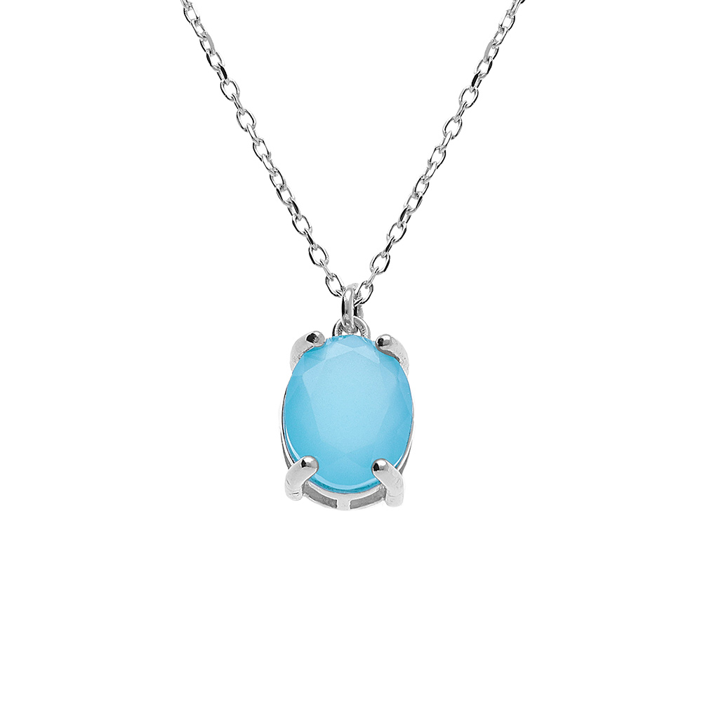 Collier argent rhodi� pendentif ovale oxyde 10 x 7.5mm bleu clair opaque r�glable 42 � 45cm - Vue 1